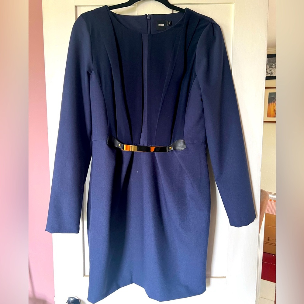 Cinched navy long-sleeve dress